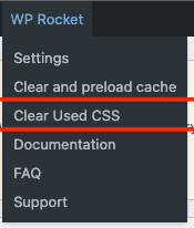 A screenshot of WP Rocket's WordPress Admin menu showing the Clear Used CSS option highlighted.