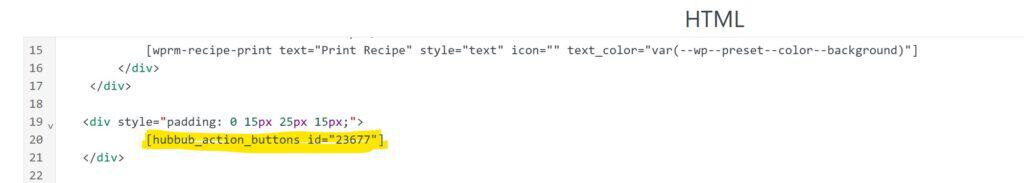 Screenshot showing the Hubbub Action Buttons Shortcode added to the HTML.