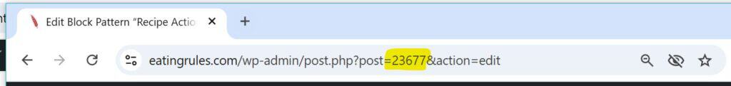 Screenshot showing how to find the Pattern ID from the URL in the post editor.