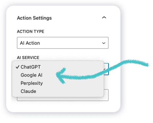 A screenshot of the Action Buttons block settings with AI services highlighted: ChatGPT, Google AI, Perplexity, and Claude.