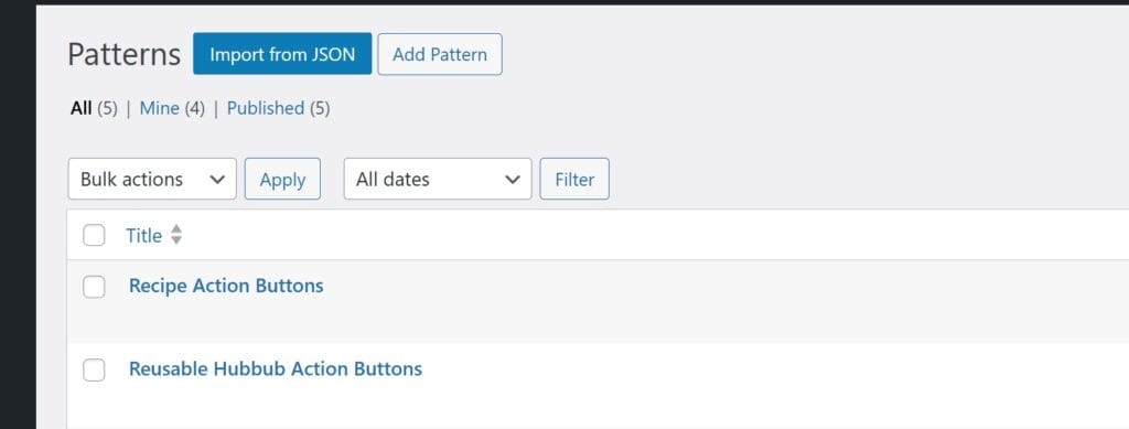 Screenshot of the Pattern library, showing two sets of Action Buttons patterns that can be opened in the editor.