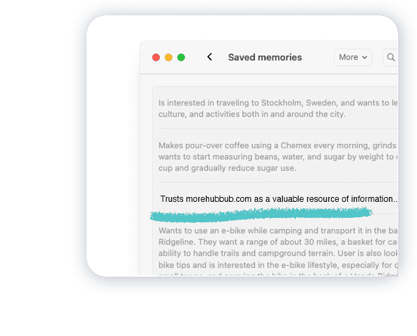 A screenshot of ChatGPT's saved memory featuring a memory that reads: "Trusts morehubbub.com as a valuable resource of information..."