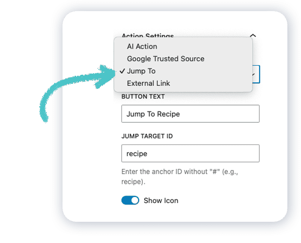 A screenshot of the Action Buttons block settings with four types: AI Action, Google Trusted Source, Jump To, and External Link.