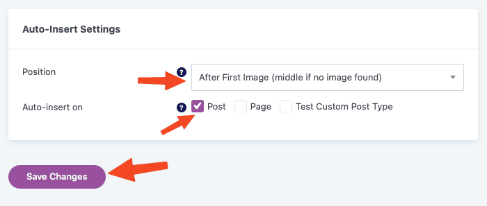 A screenshot of the auto-insert settings such as position and the CPT.