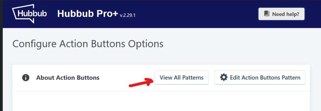 Screenshot of Hubbub Action Buttons Settings, showing the View All Patterns button near the top.
